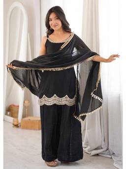 Kedar Fab - Women's Shimmer Silk Embroidered Sleeveless Black Kurta with Palazzo and Dupatta