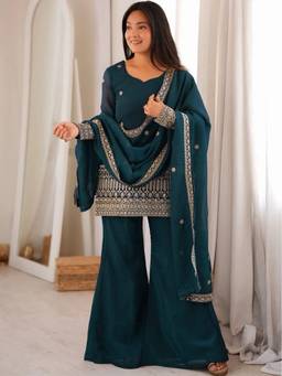 Kedar Fab - Women's Crunchy Silk Sequins Teal Embroidered Kurta with Palazzo and Dupatta
