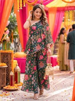 Label Kanupriya - Forest Green Anar Print Georgette One-Shoulder Top and Palazzo