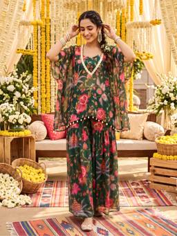 Label Kanupriya - Bottle Green Anaar Print Crop-Top with Kaftan and Sharara