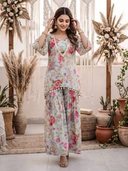 Label Kanupriya - Sky Blue Anaar Print Crop-Top with Kurti and Sharara