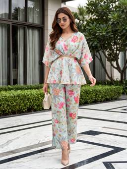 Label Kanupriya - Sky Blue Anaar Print Draped Co-Ord Set