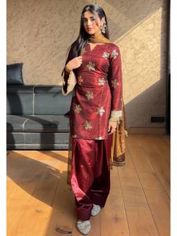 Kedar Fab - Women's Shimmer Silk Sequins Embroidered Maroon Kurta with Palazzo and Dupatta