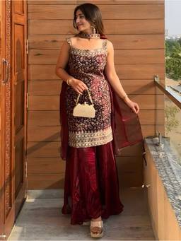 Kedar Fab - Women's Shimmer Silk Embroidered Sleeveless Kurta with Palazzo and Dupatta
