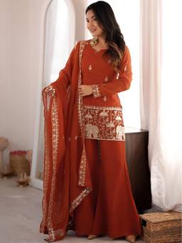 Kedar Fab - Women's Shimmer Silk Embroidered Orange Kurta with Palazzo and Dupatta