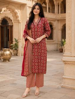 Rajnandini - Red Jaipuri Printed Kurta with Pant and Dupatta