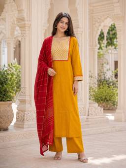 Rajnandini - Mustard Yellow Cotton Blend Embroidered Kurta with Pant and Dupatta