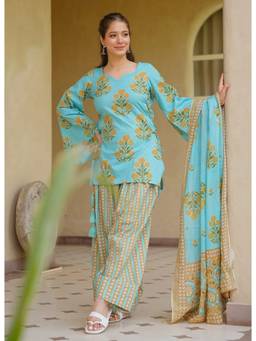 Kedar Fab - Women's Cotton Blend Floral Printed Turquoise Kurta with Salwar and Dupatta