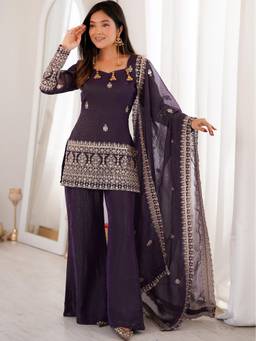 Kedar Fab - Women's Crunchy Silk Sequins Embroidered Purple Kurta with Palazzo and Dupatta