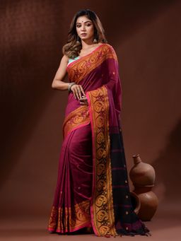 CHARUKRITI - Magenta Cotton Handspun Handwoven Saree with Paisley Border with Unstitched Blouse