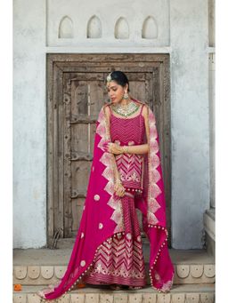 MONK & MEI - Pink Zehnaseeb Kurti with Sharara and Dupatta (Set of 3)