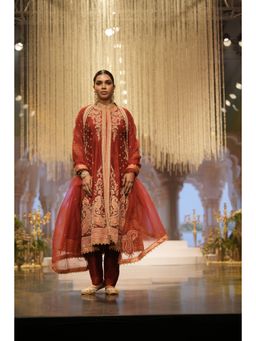 Sheetal Batra - Minara Deep Red Long ALine Jacket with Pant and Dupatta (Set of 3)