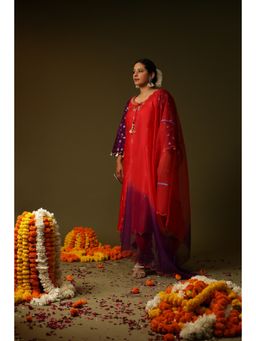 Arpita Sulakshana - Red Sakhi Hand Painted Kurta with Pant and Dupatta (Set of 3)
