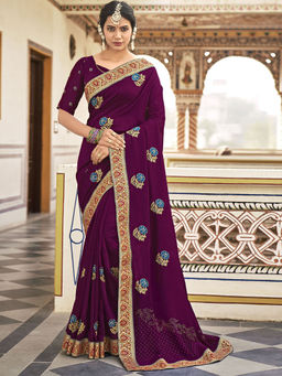 Odette - Wine Vichitra Embroidered Saree with Unstitched Blouse