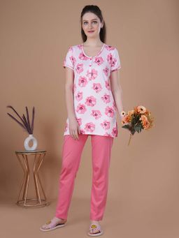 She N She - Women Pink-White Floral Printed Top and Pyjama