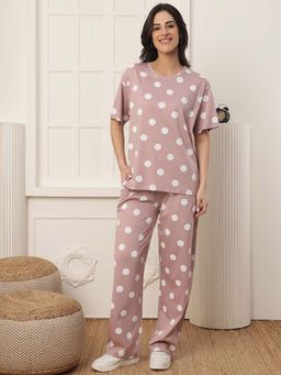 Kanvin - Women Light Pink Polka Dot Printed T-shirt and Pyjama
