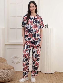 Kanvin - Women Red-Navy Blue Printed T-shirt and Pyjama