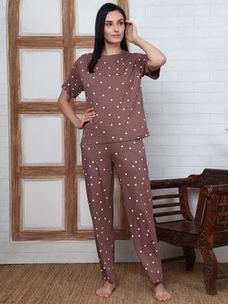 Kanvin - Women Brown Polka Dot Printed T-shirt and Pyjama