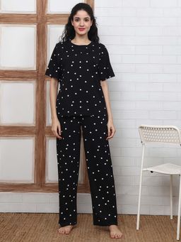 Kanvin - Women Black Polka Dot Printed T-shirt and Pyjama
