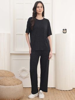 Kanvin - Women Black Polka Dot Printed T-shirt and Pyjama