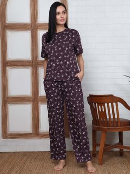 Kanvin - Women Burgundy Floral Printed T-shirt and Pyjama