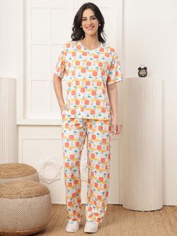 Kanvin - Women Orange Floral Printed T-shirt and Pyjama