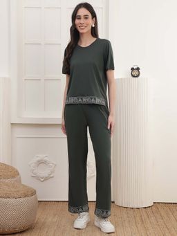 Kanvin - Women Olive Embroidered T-shirt and Pyjama