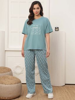 Kanvin - Women Sage Green Floral Printed T-shirt and Pyjama