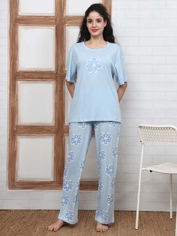 Kanvin - Women Blue Floral Printed T-shirt and Pyjama