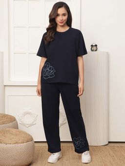 Kanvin - Women Navy Blue Floral Embroidered T-shirt and Pyjama
