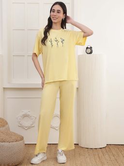 Kanvin - Women Yellow Floral Embroidered T-shirt and Pyjama
