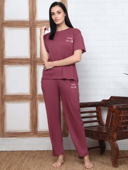 Kanvin - Women Wine Text Printed T-shirt and Pyjama