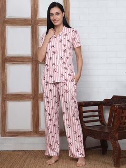 Kanvin - Women Pink Stripes Printed Shirt and Pyjama