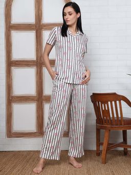 Kanvin - Women Grey Stripes Printed Shirt and Pyjama