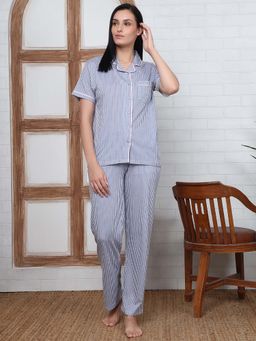 Kanvin - Women Blue Stripes Printed Shirt and Pyjama