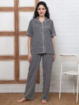 Kanvin - Women Black Stripes Printed Shirt and Pyjama