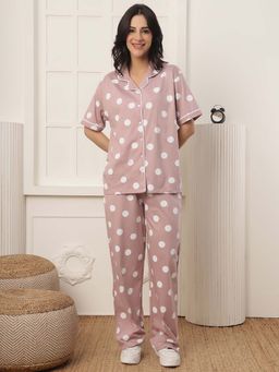 Kanvin - Women Light Pink Polka Dot Printed Shirt and Pyjama