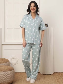 Kanvin - Women Sea Green Polka Dot Printed Shirt and Pyjama