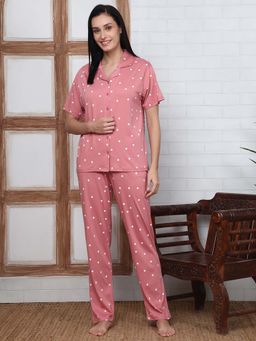 Kanvin - Women Pink Polka Dot Printed Shirt and Pyjama