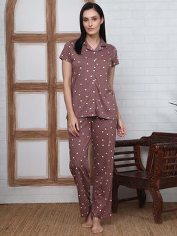 Kanvin - Women Brown Polka Dot Printed Shirt and Pyjama