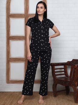 Kanvin - Women Black Polka Dot Printed Shirt and Pyjama