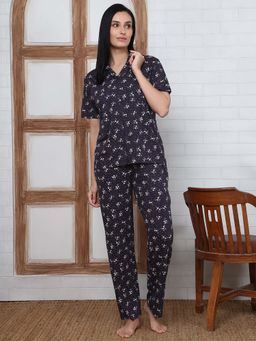 Kanvin - Women Navy Blue Floral Printed Shirt and Pyjama