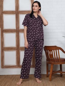 Kanvin - Women Burgundy Floral Printed Shirt and Pyjama