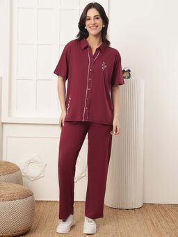 Kanvin - Women Maroon Embroidered Shirt and Pyjama