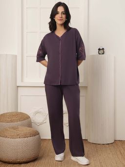 Kanvin - Women Purple Embroidered Shirt and Pyjama