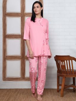 Kanvin - Women Pink Floral Printed Crop T-shirt with Pyjama and Robe