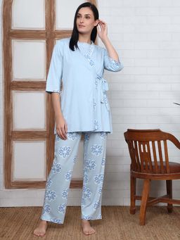 Kanvin - Women Blue Floral Printed Crop T-shirt with Pyjama and Robe