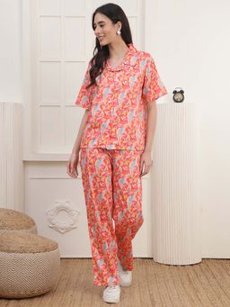 Kanvin - Women Orange Floral Printed Shirt and Pyjama