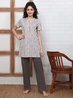Kanvin - Women Grey Stripes Floral Printed Top and Pyjama