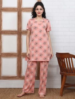 Kanvin - Women Peach Floral Printed Top and Pyjama